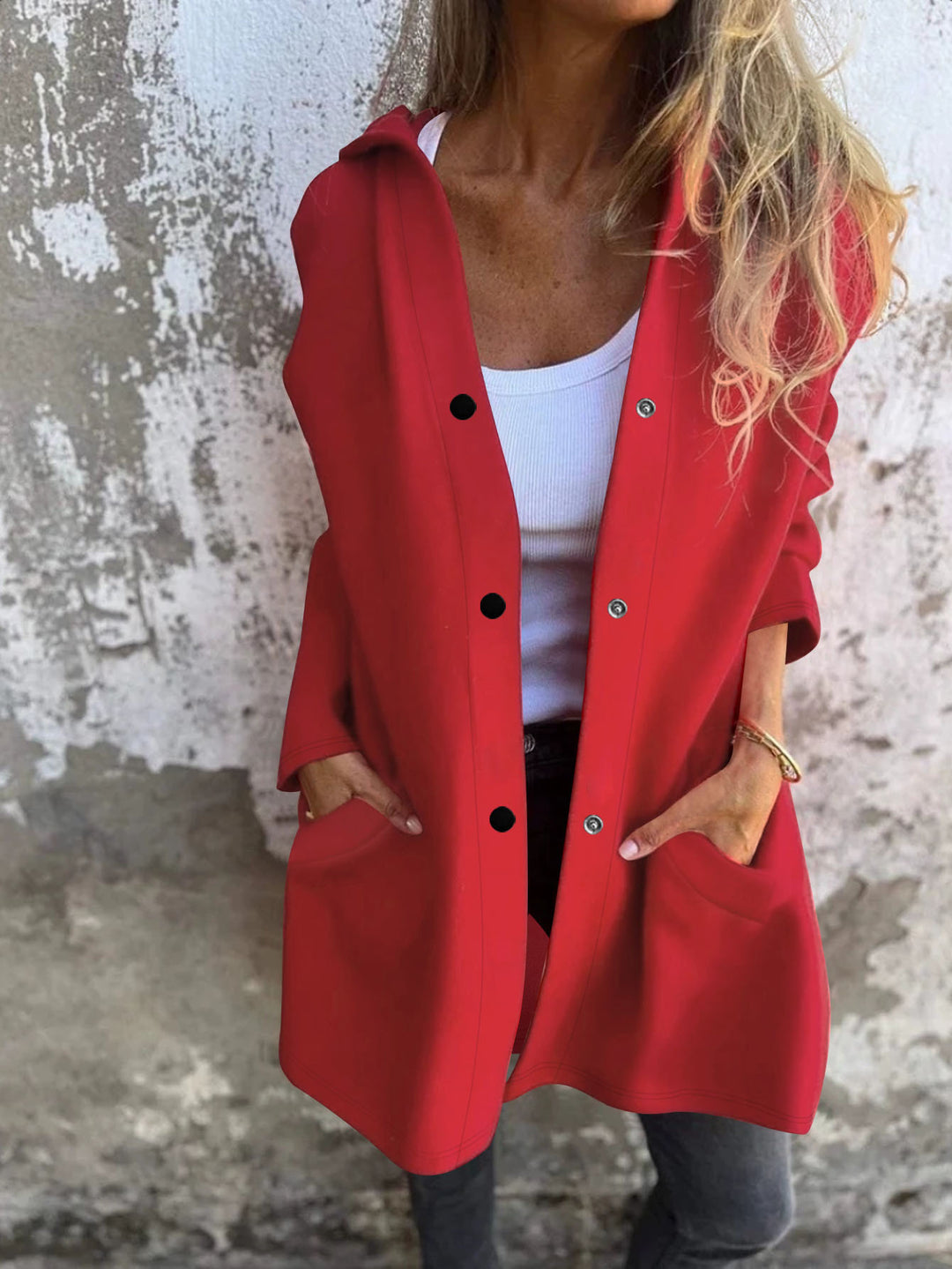 Damen Langer Kapuzen-Cardigan mit Druckknopfleiste, Eingrifftaschen und legerer Silhouette Drune