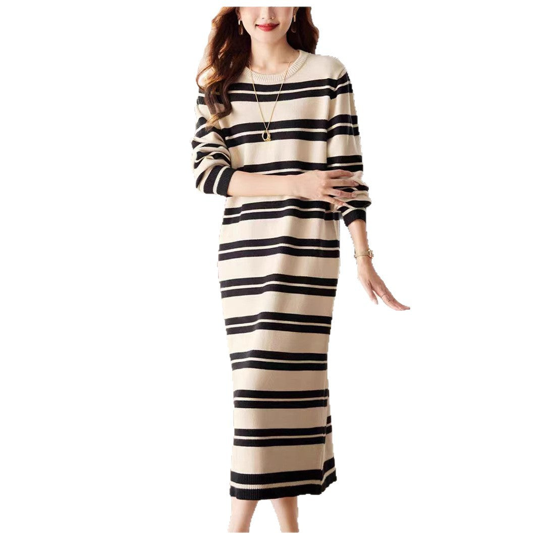 Damen Langarm-Strickkleid mit modernem Streifenmuster und komfortablem Schnitt Drune