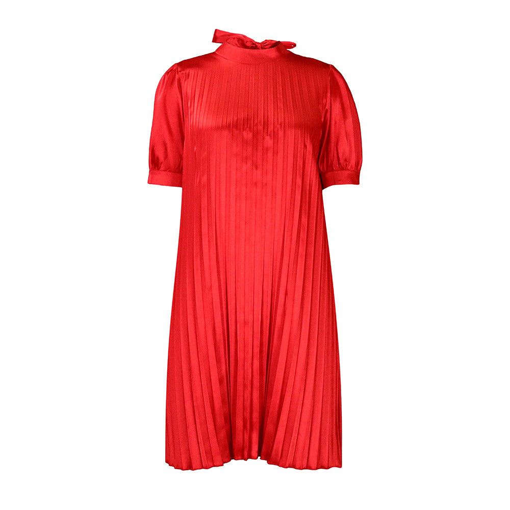 Damen Plissee Kleid mit Bindeband und halbarmigen Ärmeln Drune