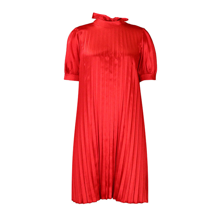 Damen Plissee Kleid mit Bindeband und halbarmigen Ärmeln Drune