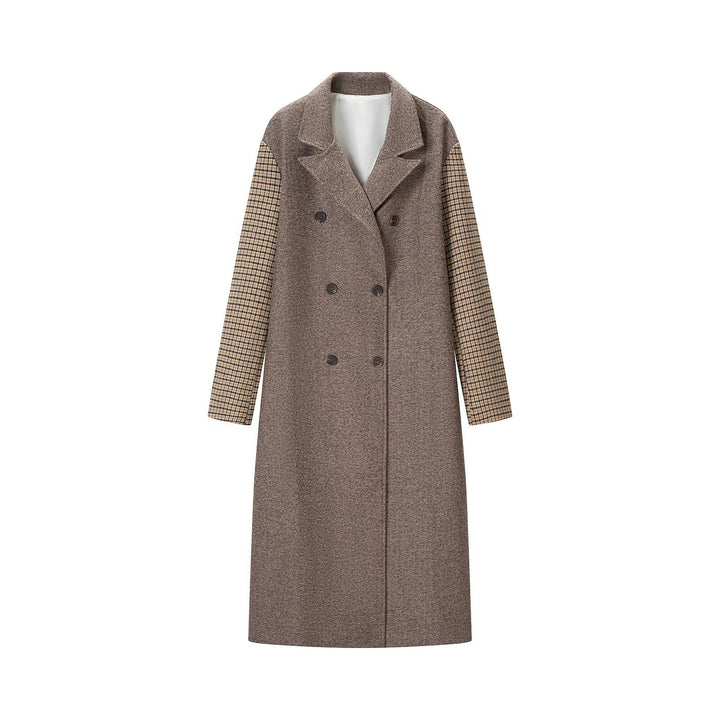 Damen elegant-langer Mantel mit Doppelreihe, Kontrastärmeln und Glencheck-Details Drune