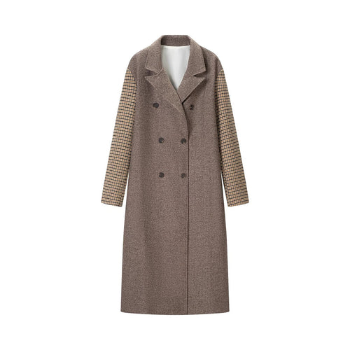 Damen elegant-langer Mantel mit Doppelreihe, Kontrastärmeln und Glencheck-Details Drune