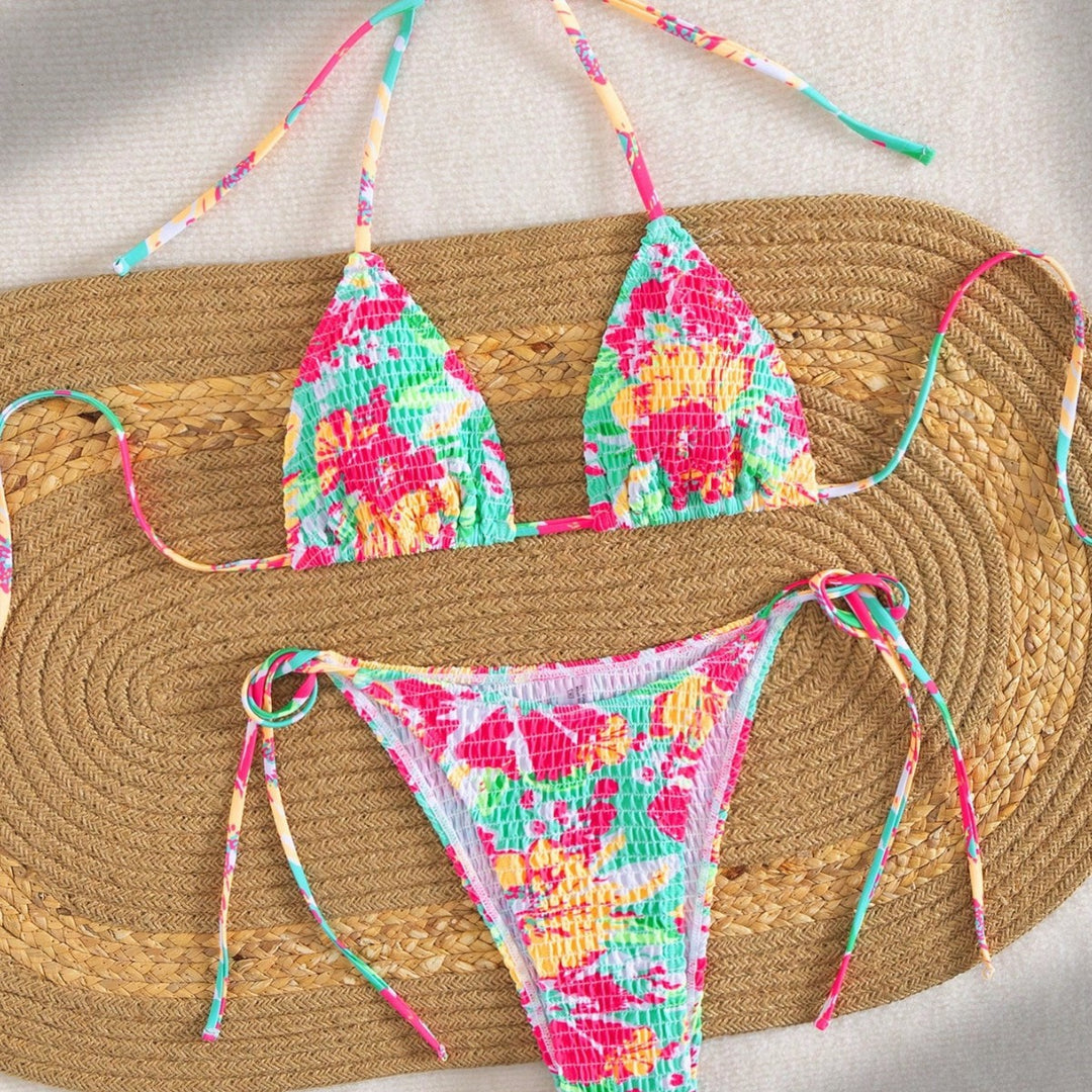 Damen Triangel-Bikini mit buntem Blumenmuster und verstellbarem Bindeband Drune