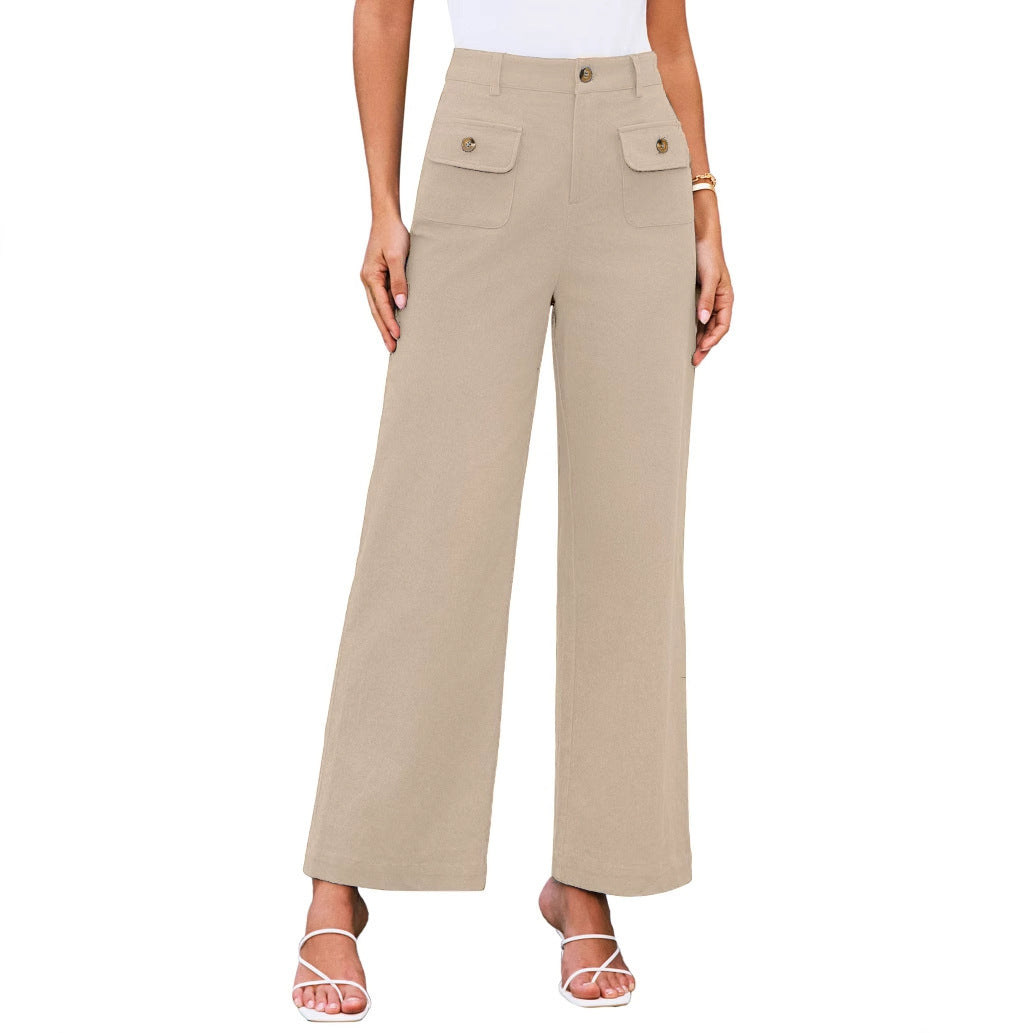 Hochtaillierte Damen-Trousers mit weitem Bein und Knopfklappen-Pattentaschen Drune