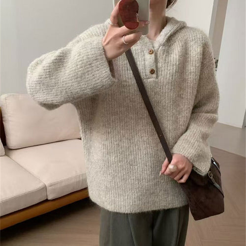 Damen bequemer Strickpullover mit Knopfleiste und Kapuze Drune