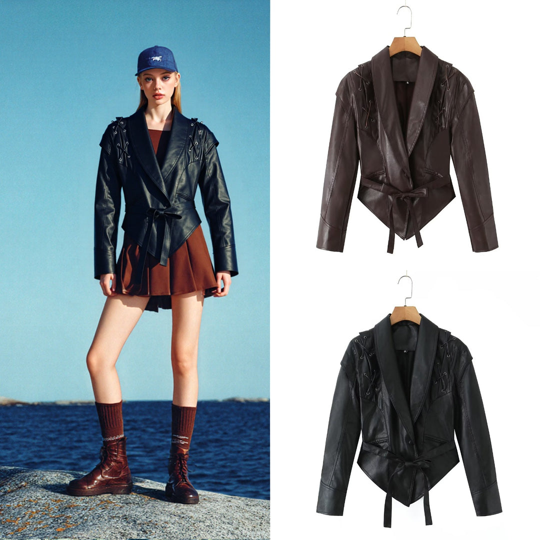 Damen taillierter Kunstlederblazer mit Schnürdetails an den Schultern und Bindegürtel Drune