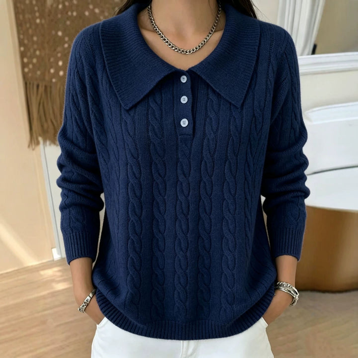 Damen Kabelstrick-Polo-Pullover mit großem Umlegekragen und lockerer Silhouette Drune