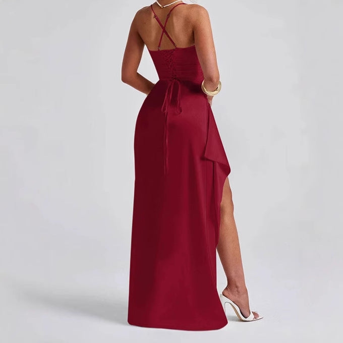 Damen Elegantes Maxikleid mit seitlichem Schlitz und raffinierten Spaghetti-Trägern Drune