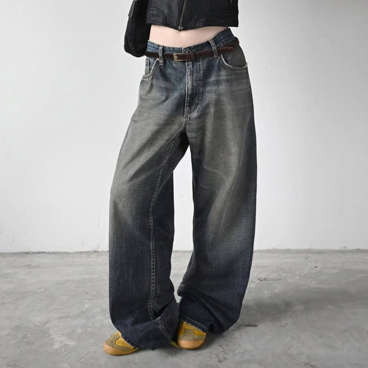 Damen High-Waist Jeans mit weitem Bein und stufenförmiger Waschung Drune