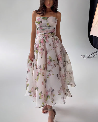 Damen Halb-transparentes Abendkleid mit floralem Muster und Trägern Drune