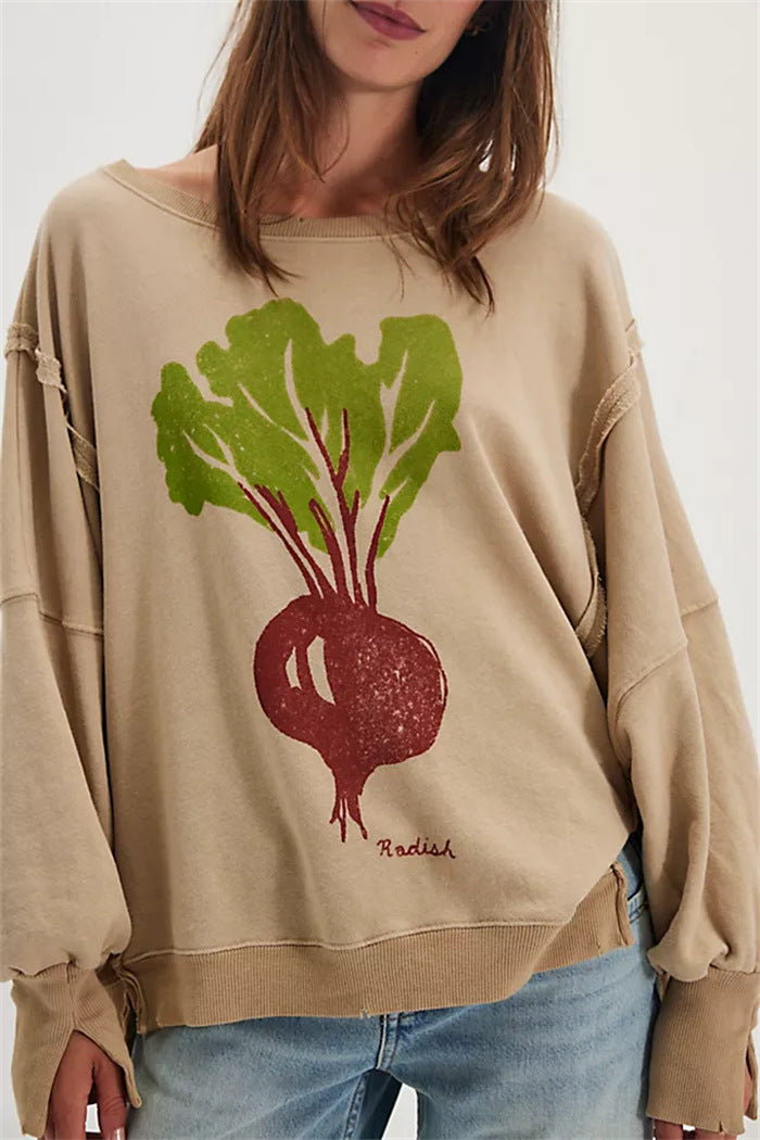 Damen oversized Sweatshirt mit Rüben-Print, ausgefransten Nahtakzenten und Daumenlochärmeln Drune