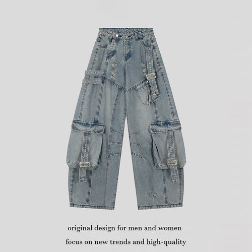 Damen weite Jeans-Cargo-Culotte mit taktischen Taschen, Gurtapplikationen und Used-Details Drune