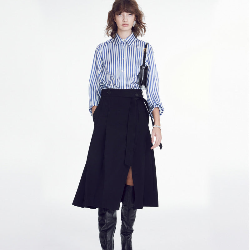 Damen Elegante Bluse mit feinen Streifen und modischer Knopfleiste Drune