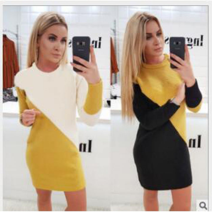 Damen Figurbetontes gestricktes Minikleid mit diagonalem Colorblock und Rundhalsausschnitt Drune