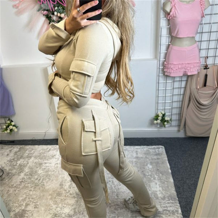 Damen trendiges Kapuzenoberteil und cargo Jogginghose Set Drune