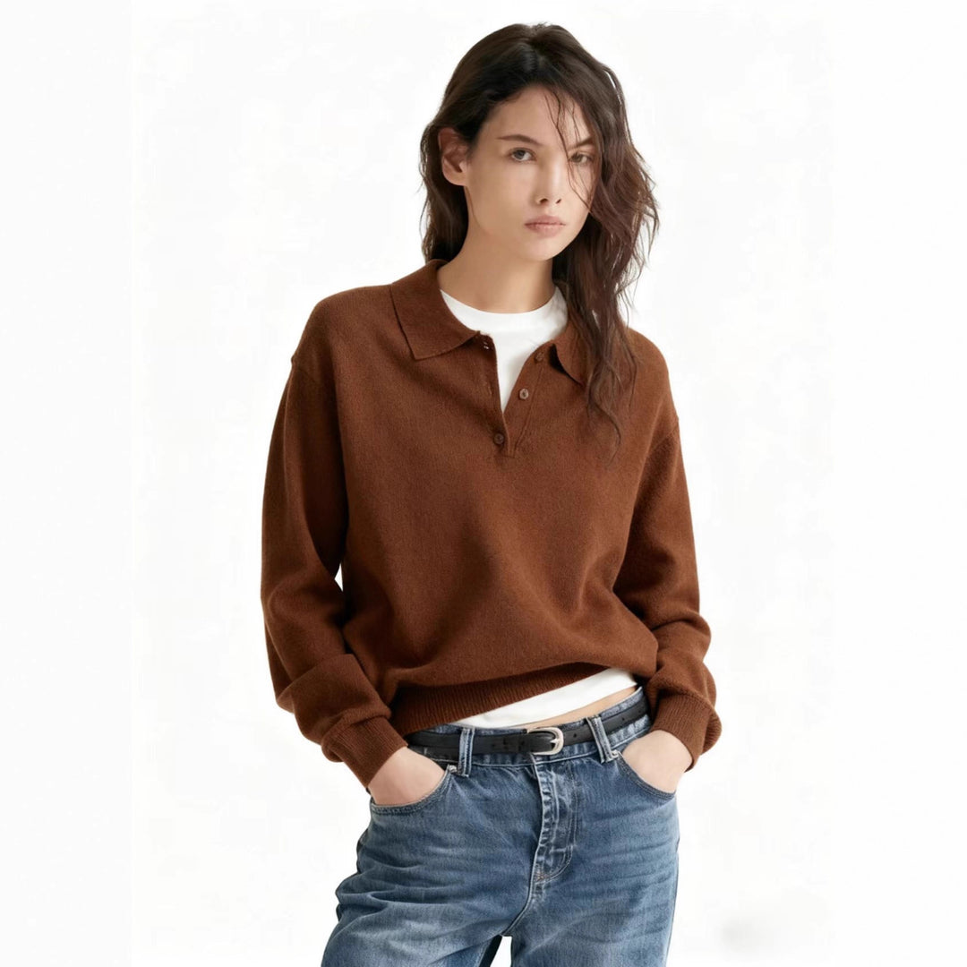 Damen Feinstrick-Polo-Sweater mit Knopfleiste und geripptem Saum Drune