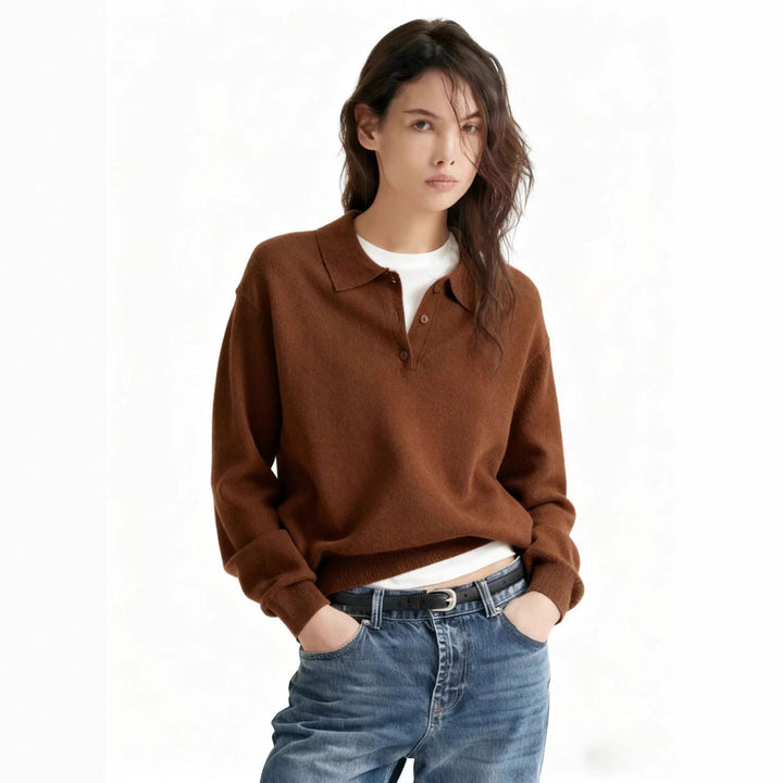 Damen Feinstrick-Polo-Sweater mit Knopfleiste und geripptem Saum Drune