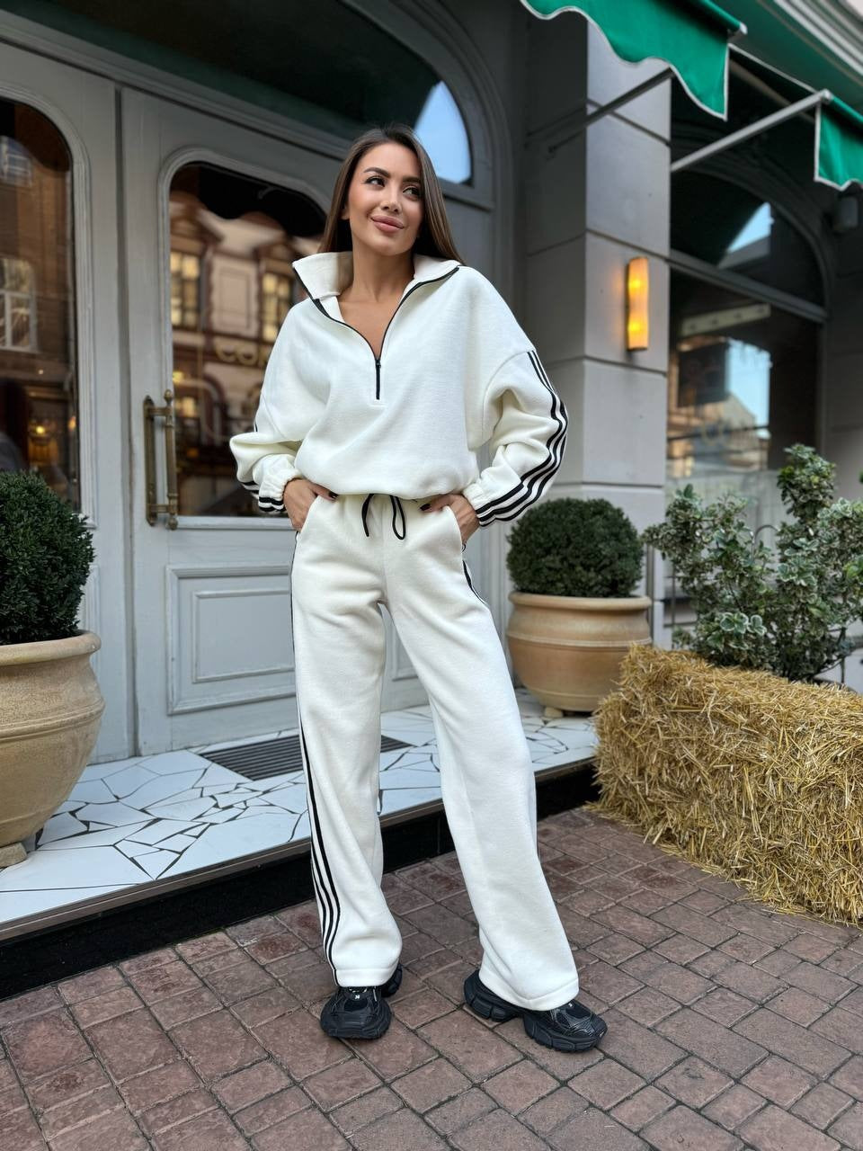 Damen Lässiges Sweat-Set mit Stehkragen, Ballonärmeln und Seitenstreifen Drune
