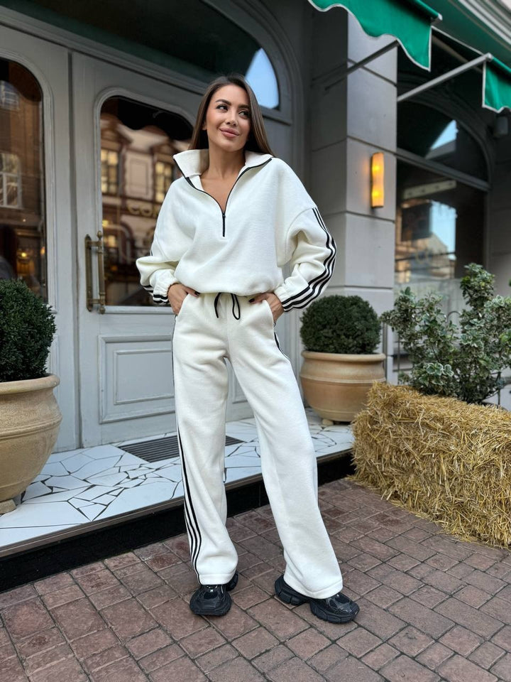 Damen Lässiges Sweat-Set mit Stehkragen, Ballonärmeln und Seitenstreifen Drune
