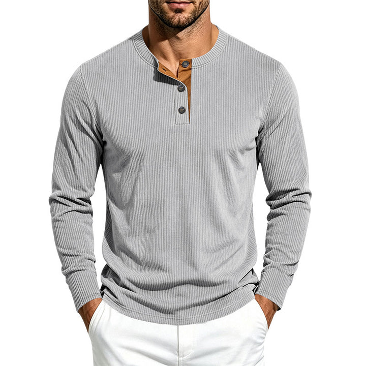 Herren Geripptes Henley-Langarmshirt aus Feinstrick mit Stehkragen und Knopfleiste Drune