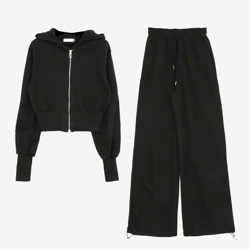 Damen sportliches Loungewear-Set mit cropped Kapuzenjacke und weitem Hosen Drune