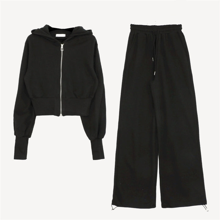 Damen sportliches Loungewear-Set mit cropped Kapuzenjacke und weitem Hosen Drune