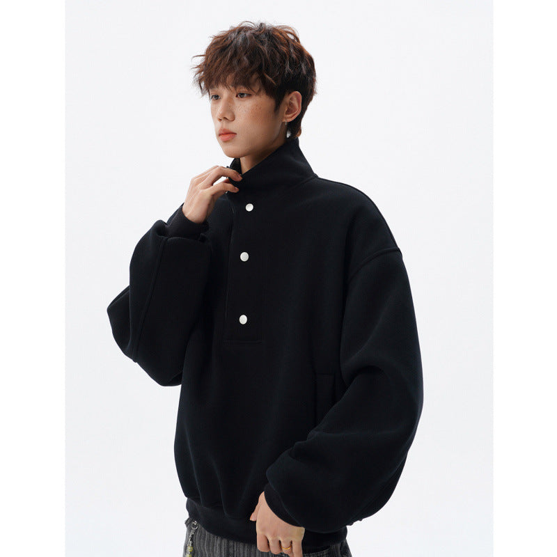 Unisex Oversized Sweatshirt mit abnehmbarem Karo-Kragen und Druckknopfleiste Drune