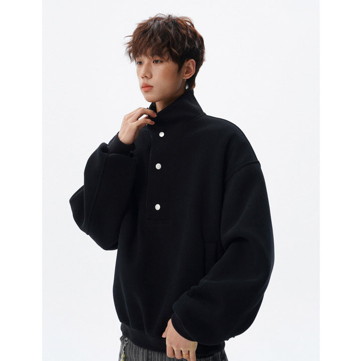 Unisex Oversized Sweatshirt mit abnehmbarem Karo-Kragen und Druckknopfleiste Drune