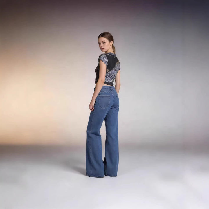 Damen hochgeschnittene weite Jeans im lässigen Stil mit eleganter Faltenlegung Drune