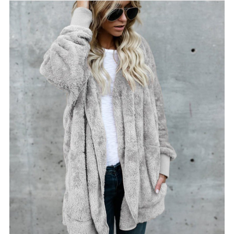Damen Oversize Teddy‑Fleece‑Mantel mit offener Front, Eingrifftaschen und Rippbündchen Drune