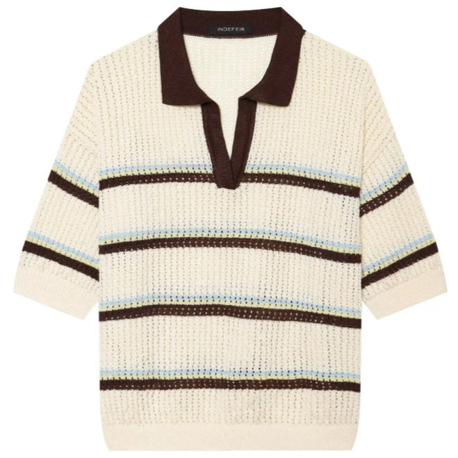 Damen Kurzarm Polo-Strickpullover mit V‑Ausschnitt, Strukturmuster und Streifendetail Drune