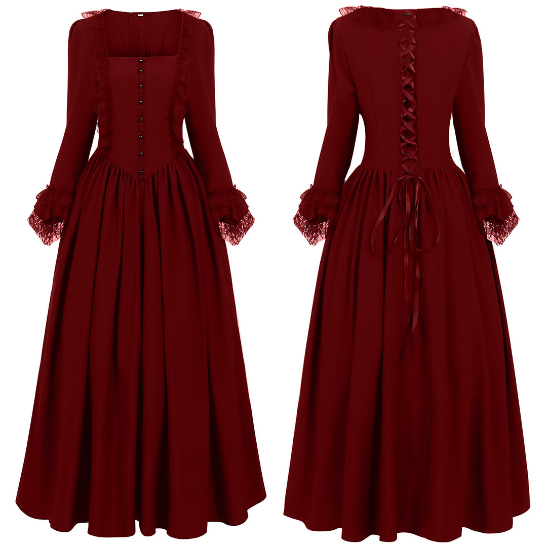 Damen elegantes Maxikleid mit Spitzenärmeln und Schnürung Drune