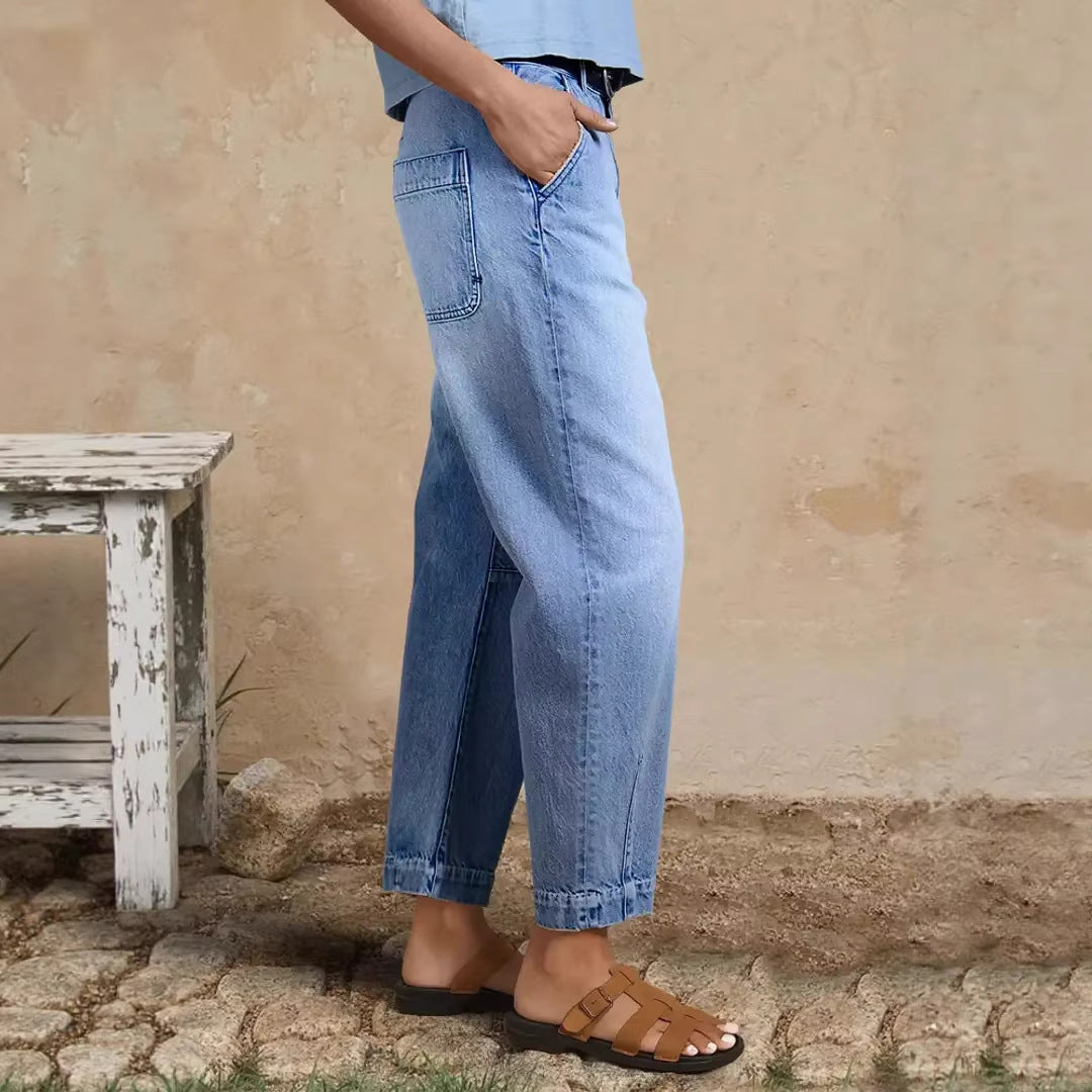 Damen lockere Jeans mit stylish cropped Schnitt und hohem Bund Drune