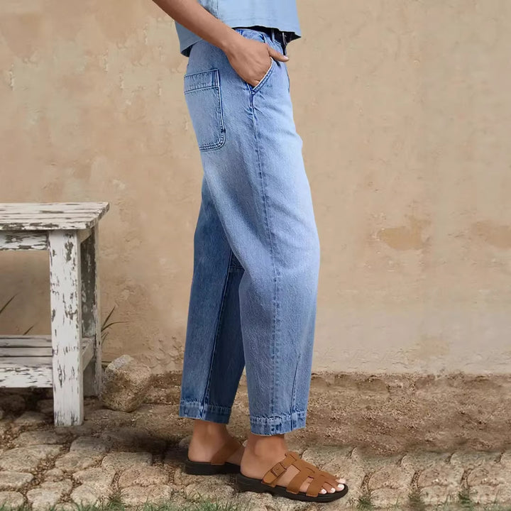 Damen lockere Jeans mit stylish cropped Schnitt und hohem Bund Drune