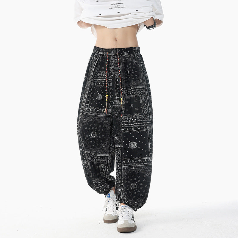 Damen nan lässige Pluderhose im Ethno-Print mit elastischem Bund, Kordelzug und gesmokten Bündchen Drune