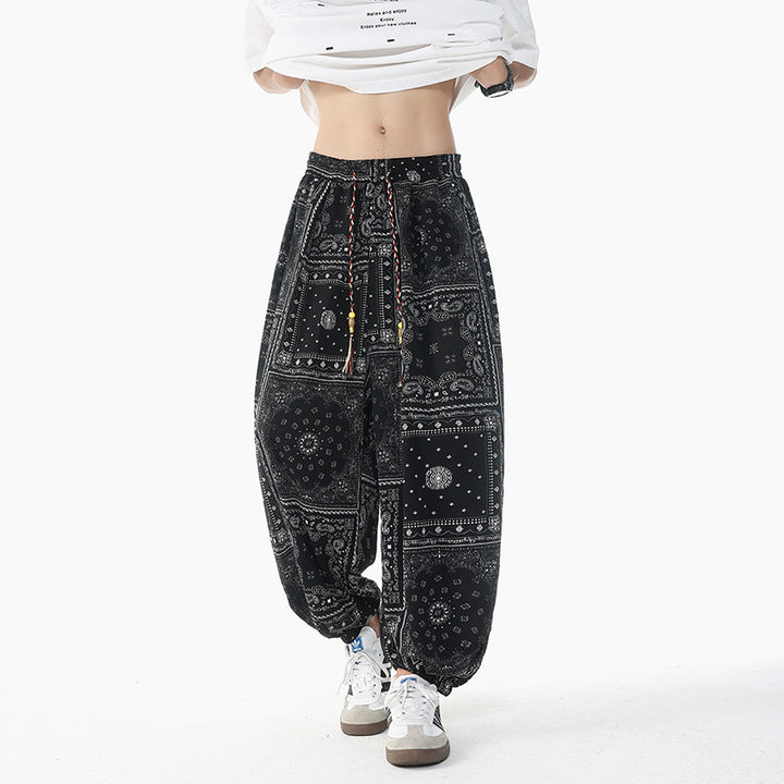 Damen nan lässige Pluderhose im Ethno-Print mit elastischem Bund, Kordelzug und gesmokten Bündchen Drune