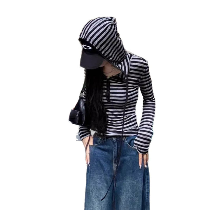 Damen Langarmshirt mit Kapuze und Streifen Drune