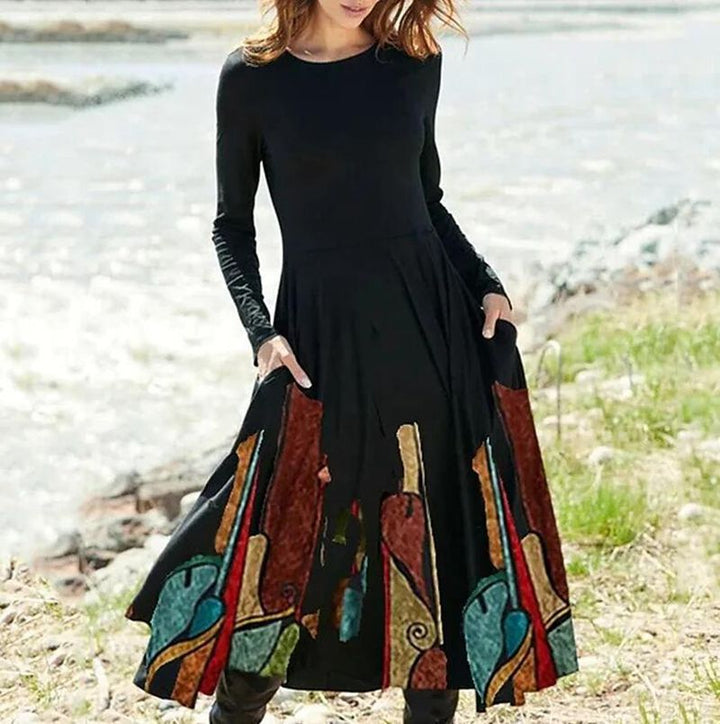 Damen nan Boho-Maxikleid mit taillierter Empire-Passe, langen Ärmeln und Seitentaschen Drune