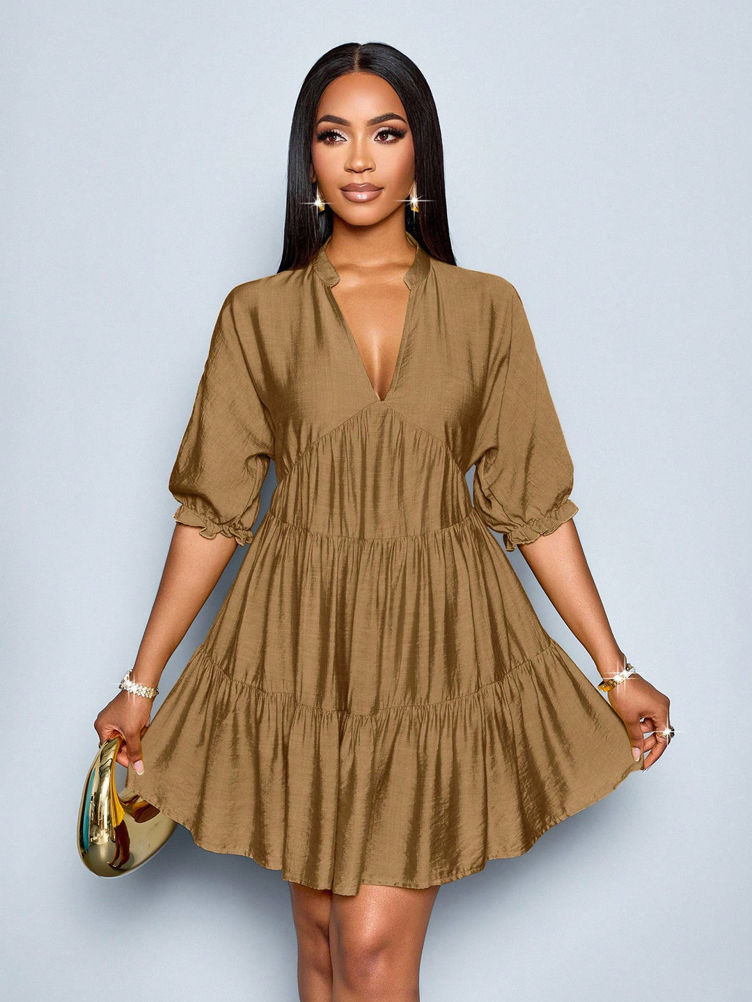 Damen Stufiges Mini‑Kleid mit V‑Ausschnitt und gerafften Dreiviertelärmeln Drune