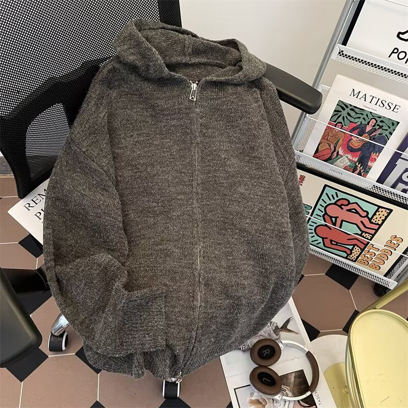 Damen weicher Strickpullover mit durchgehendem Reißverschluss und Kapuze Drune