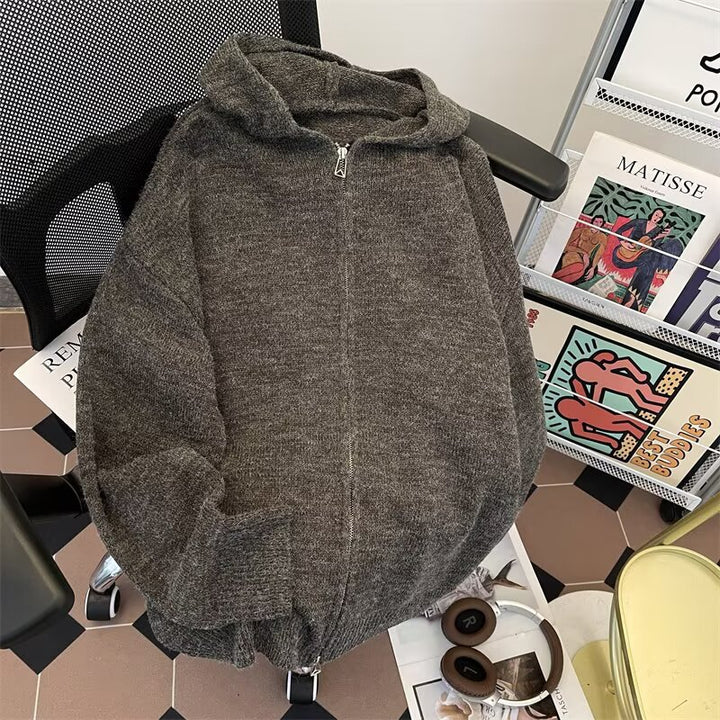 Damen weicher Strickpullover mit durchgehendem Reißverschluss und Kapuze Drune
