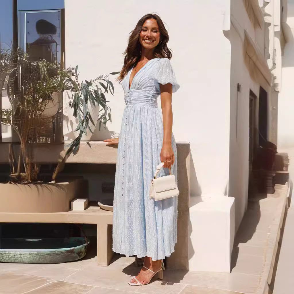 Damen Maxi-Kleid mit romantischem V-Ausschnitt und festlichem Rüschendesign Drune