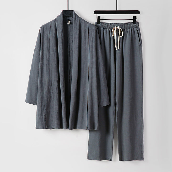 Unisex Lässiges Kimono-Zweiteiler aus atmungsaktivem Leinen-Viskose mit offenem Schalkragen und Kordelbundhose Drune