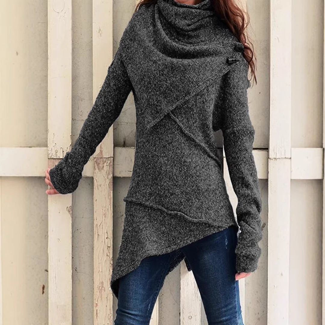 Damen asymmetrischer Boucle-Strickpullover mit großem Schalfkragen Drune