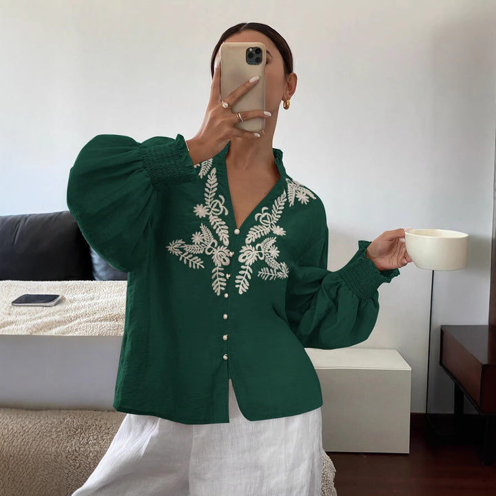 Damen Boho-Bluse mit Puffärmeln, Stickerei und Perlenknöpfen Drune