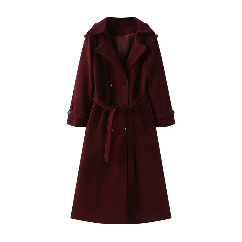 Damen nan langer zweireihiger Trenchcoat-Mantel mit Bindegürtel und Schalkragen Drune