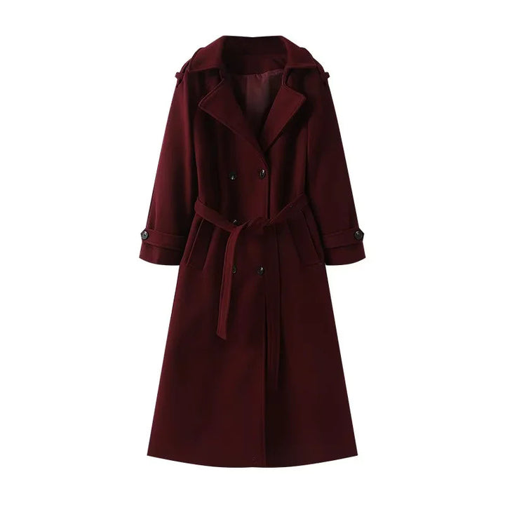 Damen nan langer zweireihiger Trenchcoat-Mantel mit Bindegürtel und Schalkragen Drune