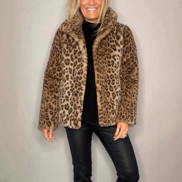 Damen Flauschige Leopardmuster Jacke mit hohem Kragen Drune