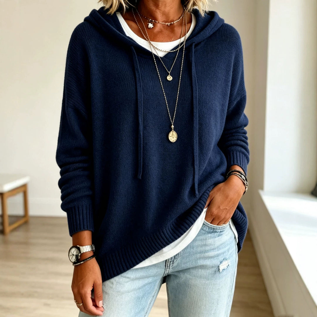 Damen Oversize Kapuzenpullover aus weichem Feinstrick mit Zier‑V‑Ausschnitt Drune