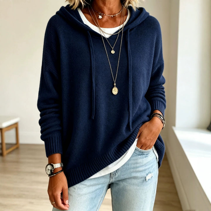 Damen Oversize Kapuzenpullover aus weichem Feinstrick mit Zier‑V‑Ausschnitt Drune
